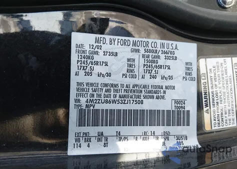 2003 Mercury Mountaineer z USA, uszkodzony, nr VIN 4M2ZU86W53ZJ17508